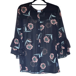 CABI La Di Da Blouse Black Floral Button-Down Chiffon Bell-Sleeve Med EUC